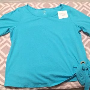 Ladies elbow length sleeve tee with side tie